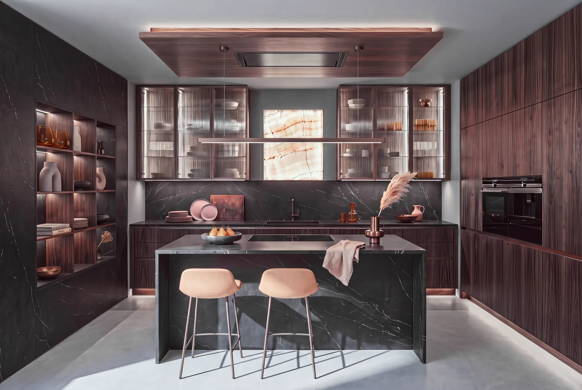 Walkthrough, morning: the same kitchen in daylight, the dark veined stone island, reeded-glass uppers, the onyx panel still lit.