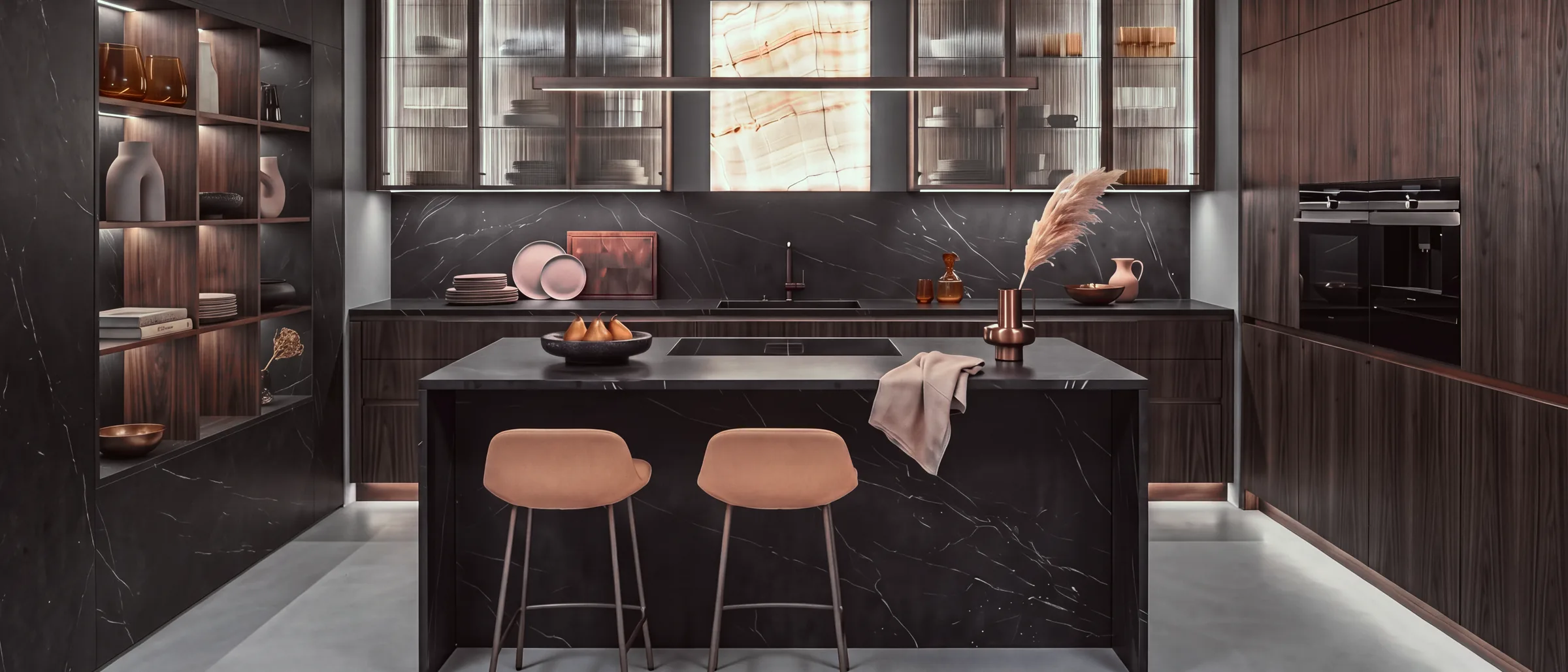 Concept study of a HOLZ kitchen: handleless walnut units, reeded-glass uppers and a backlit onyx panel, under pooled light.